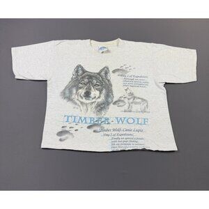 Rare Vintage 90s Animal Timber Wolf Nature Art Gray Crop Top Shirt Medium